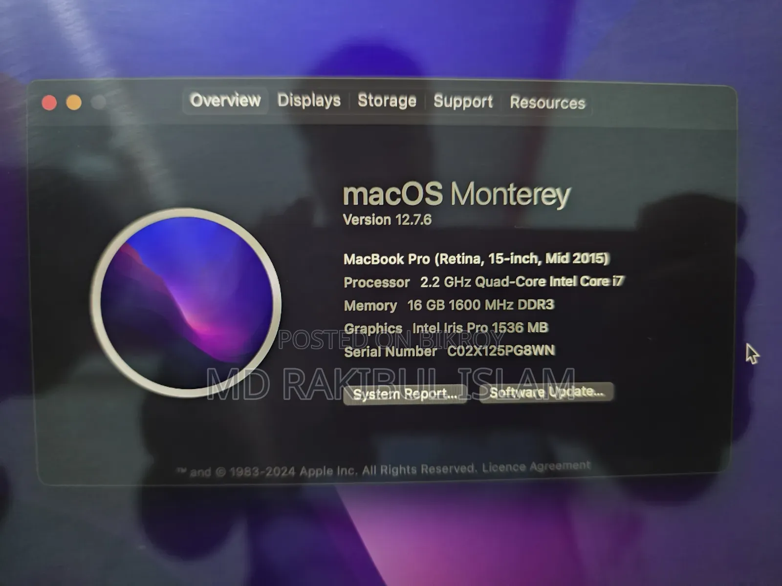 Laptop Apple MacBook Pro 2015 16GB Intel Core I7 SSD 256GB