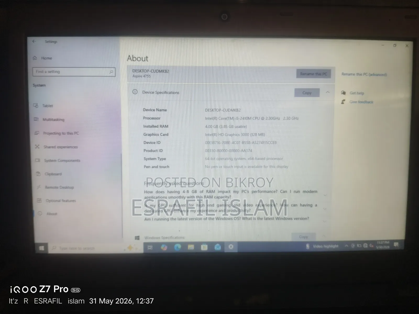 Laptop Acer Aspire 4755 4GB Intel Core I5 HDD 500GB