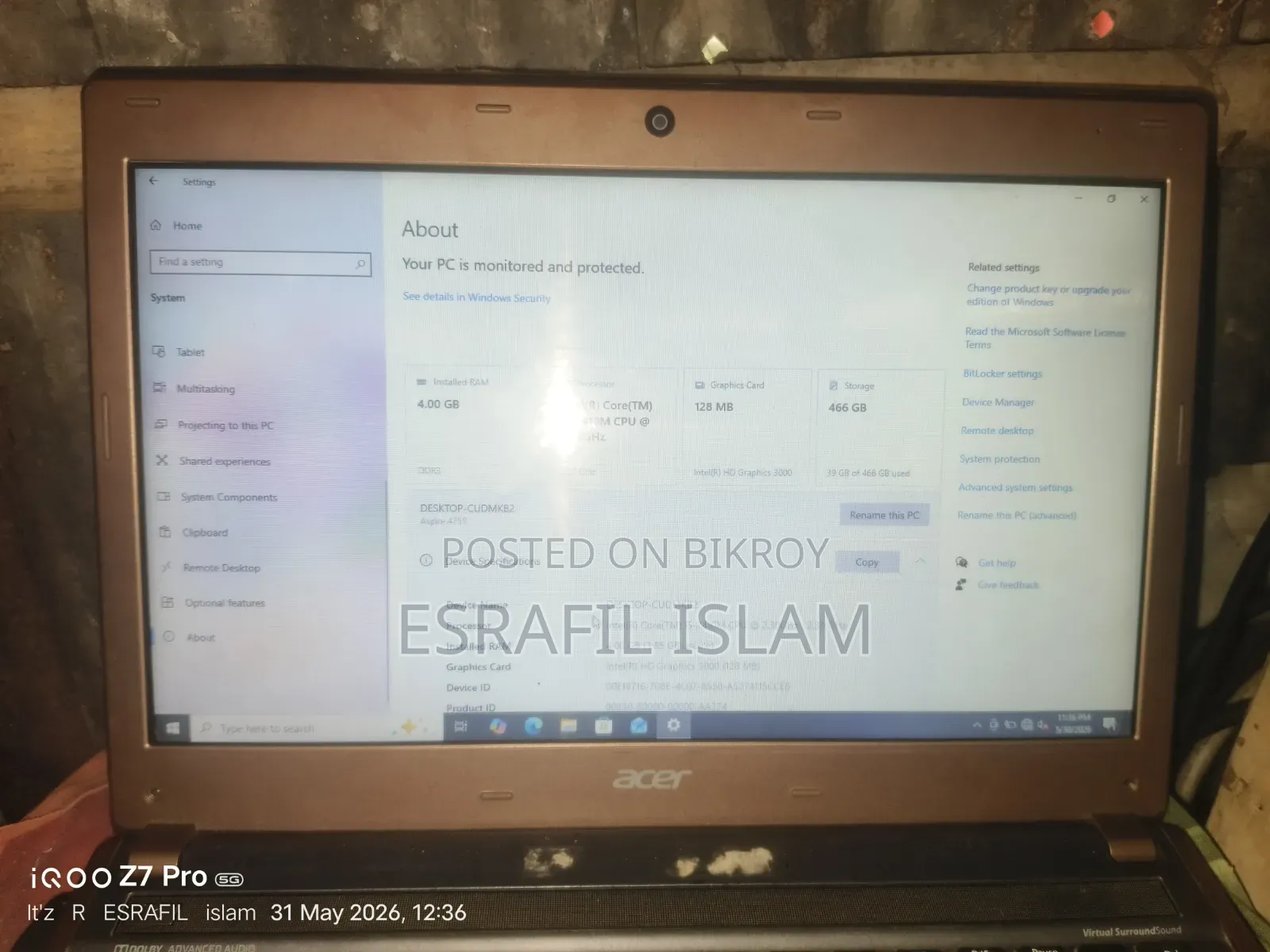 Laptop Acer Aspire 4755 4GB Intel Core I5 HDD 500GB
