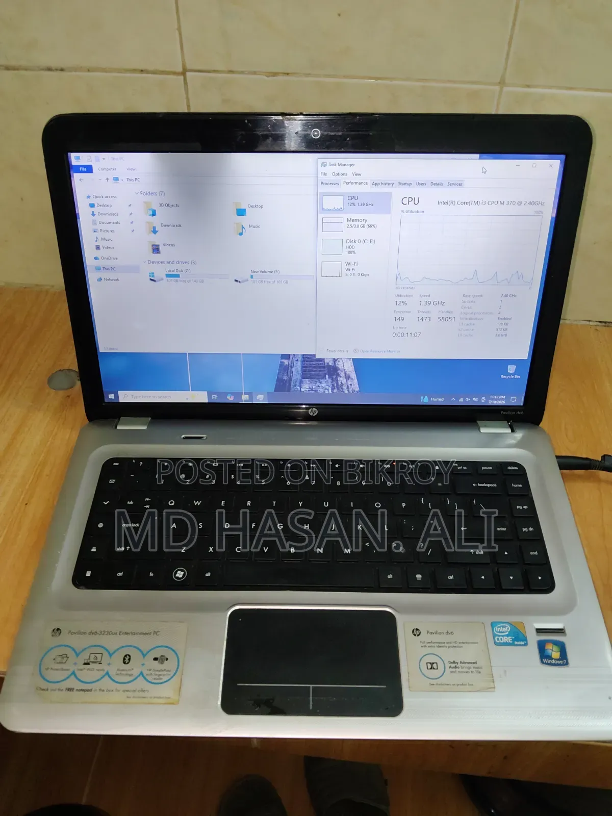 Laptop HP Envy Dv6 4GB Intel Core I3 HDD 256GB
