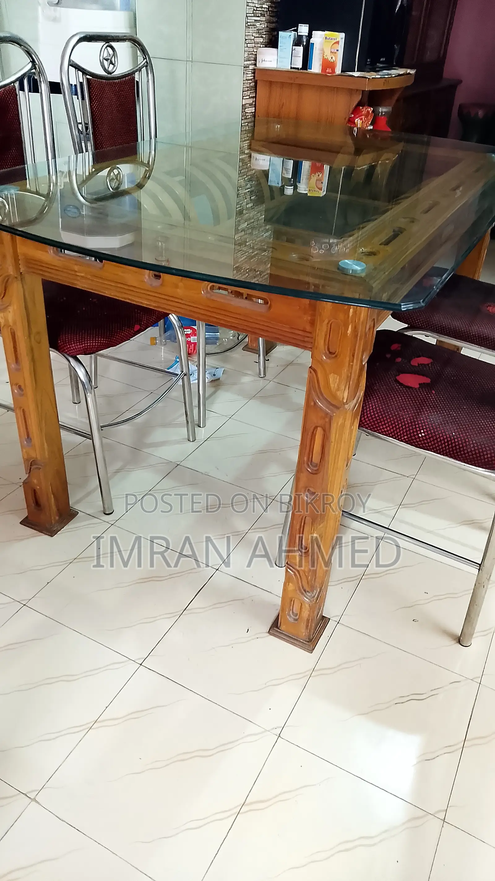 Dinning Table( Segun Timber) With 6 Mm Table Glass 4 Chair