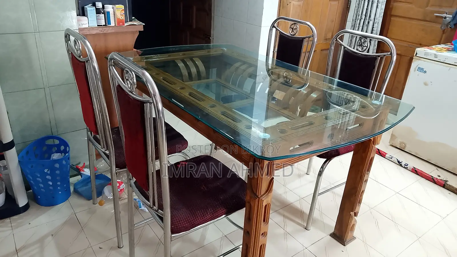 Dinning Table( Segun Timber) With 6 Mm Table Glass 4 Chair