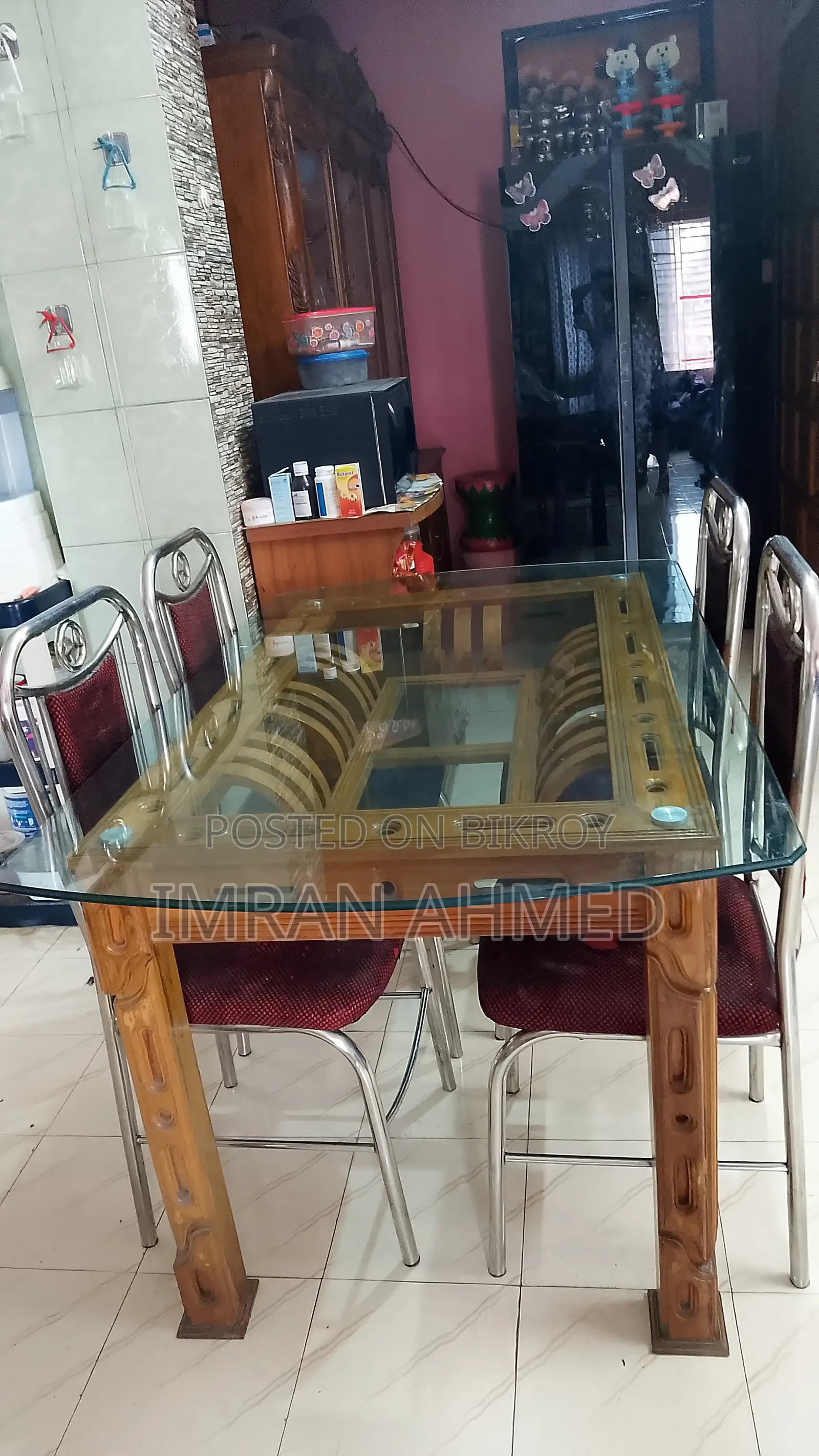 Dinning Table( Segun Timber) With 6 Mm Table Glass 4 Chair