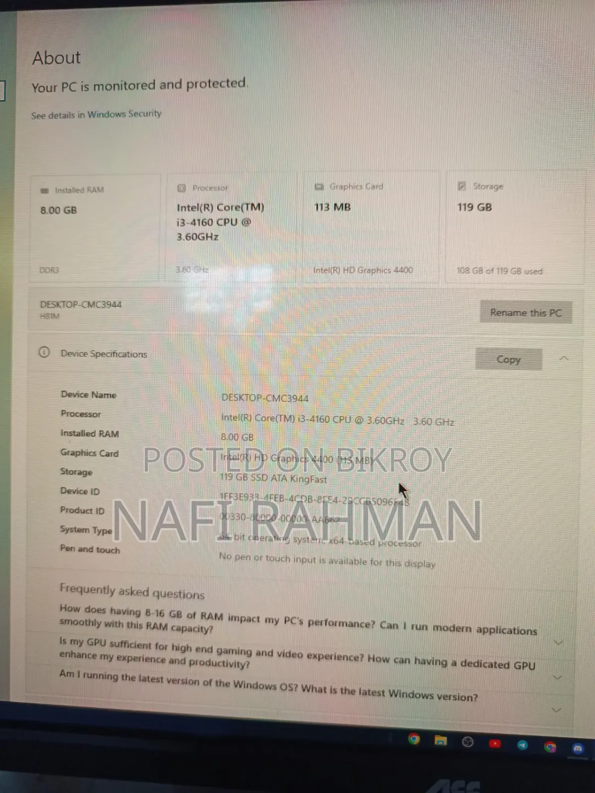 Desktop Computer 8GB Intel Core I3 SSD 128GB