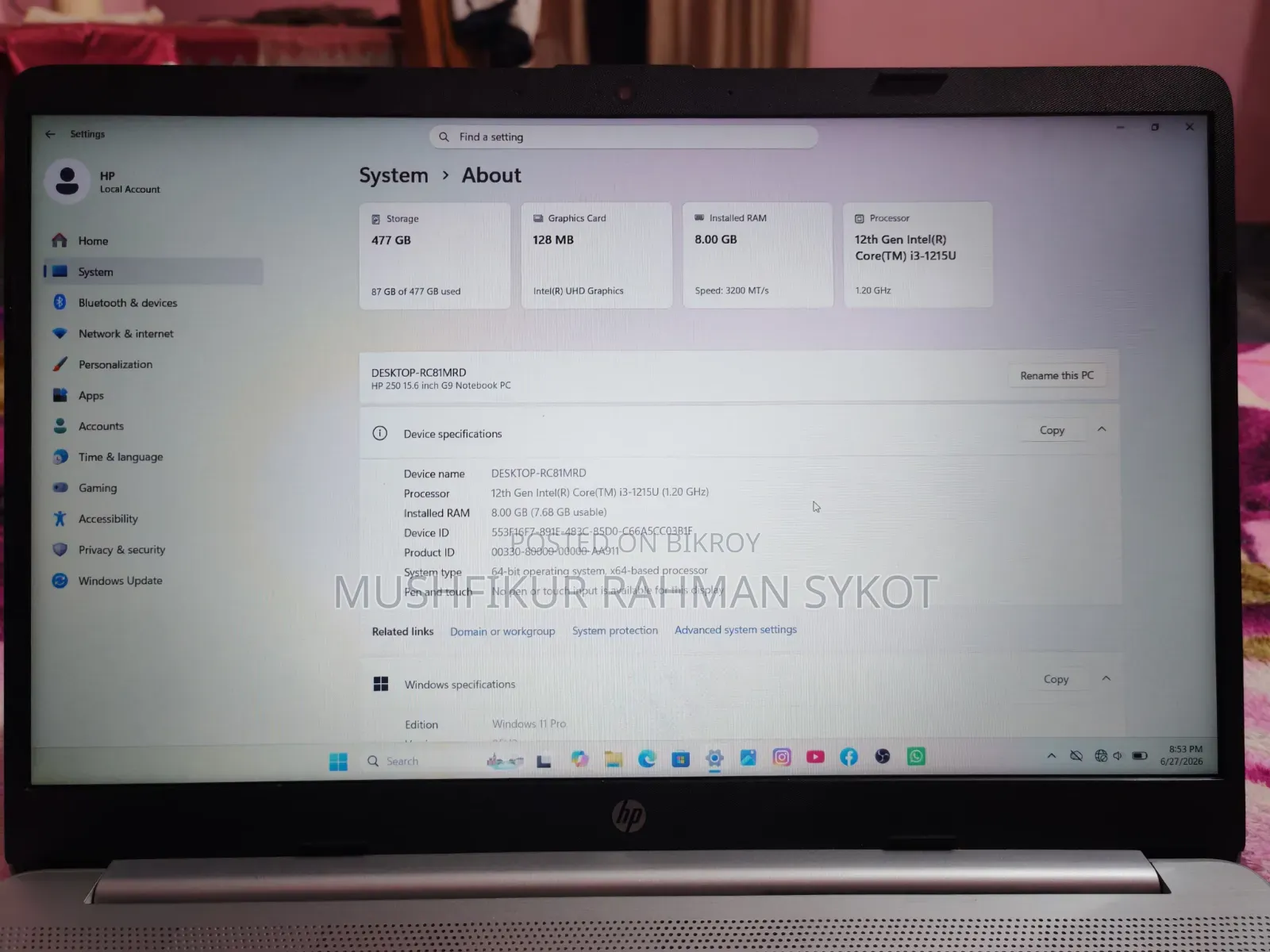New Laptop HP 250 G8 8GB Intel Core I3 SSD 512GB