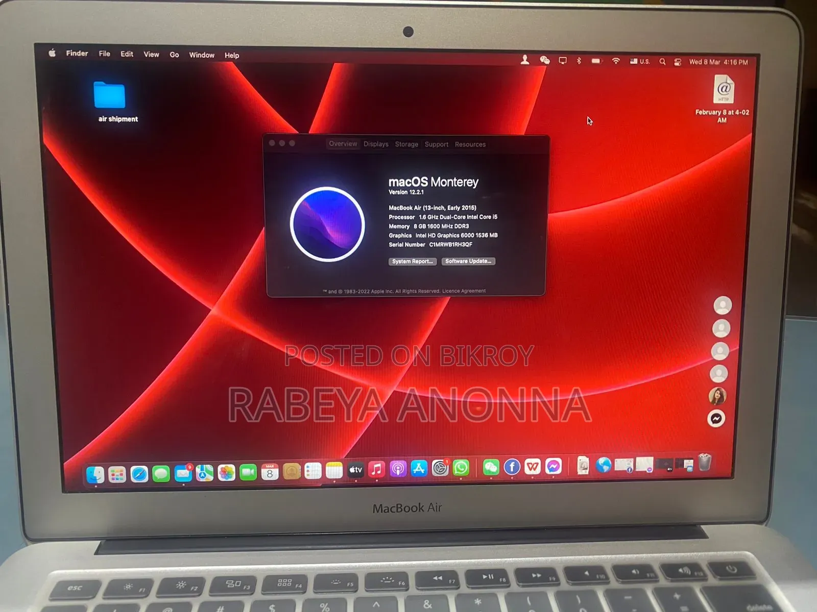 Laptop Apple MacBook 2015 8GB Intel Core I5 SSD 128GB