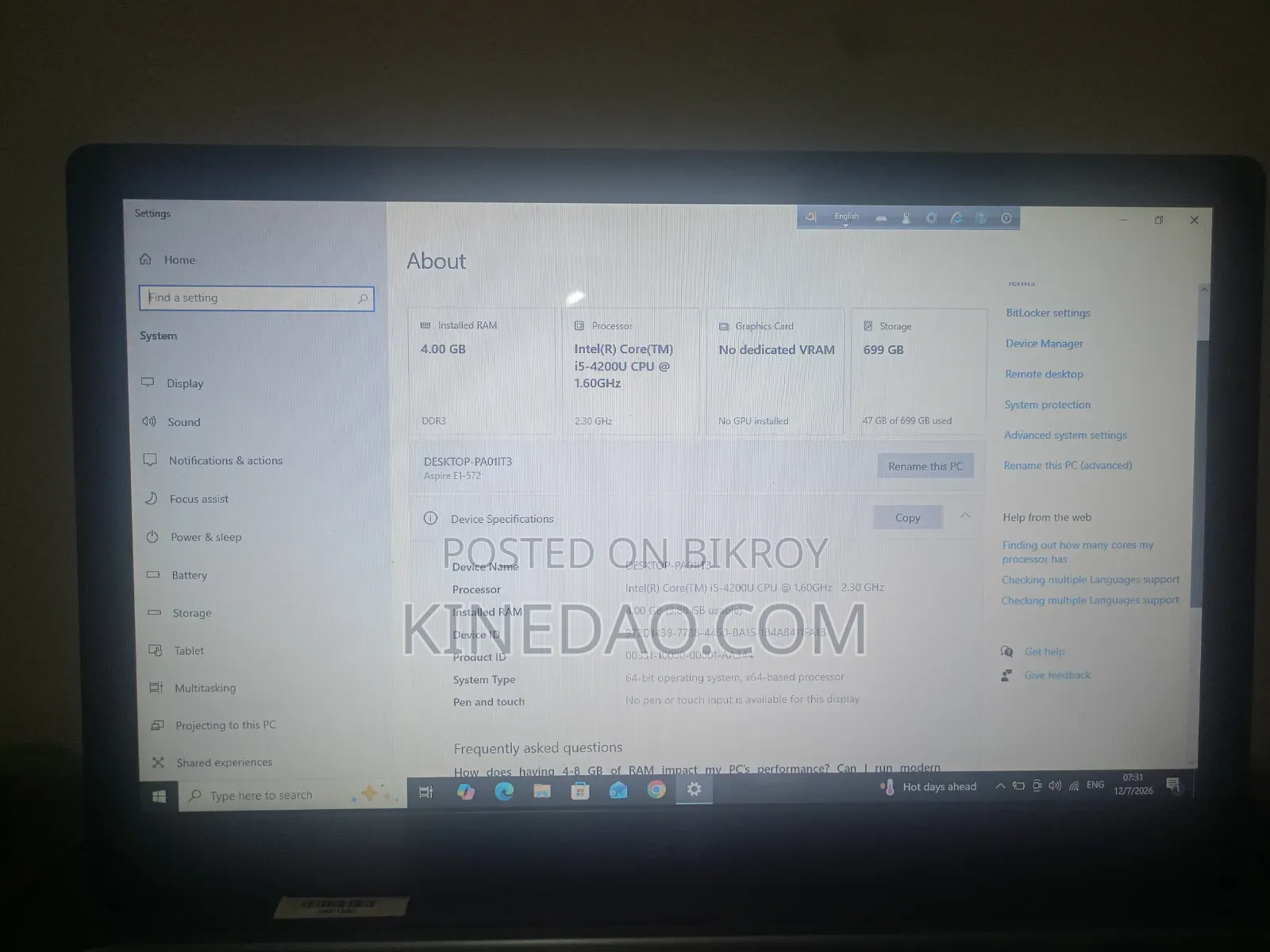 Laptop Acer Aspire E1-572 4GB Intel Core I5 HDD 750GB