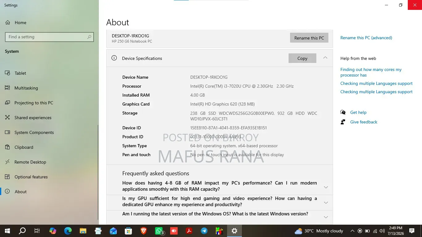 Laptop HP 250 G6 4GB Intel Core I3 HDD+SSD 1T