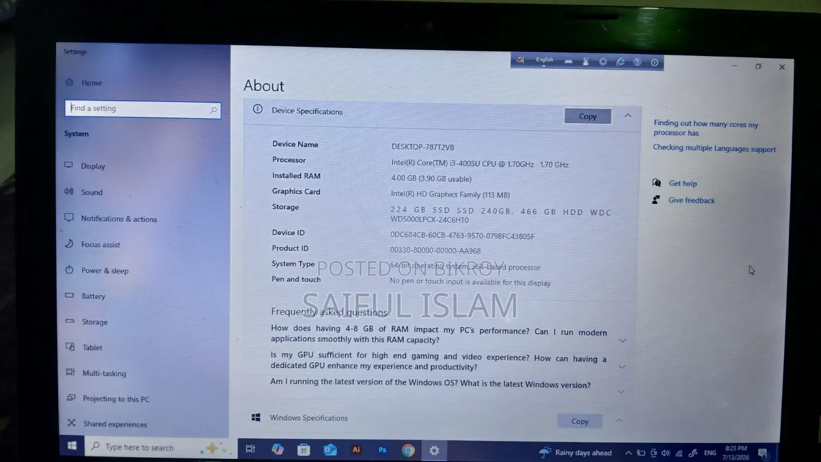 Laptop Lenovo G50-70 4GB Intel Core i3 SSD 500GB