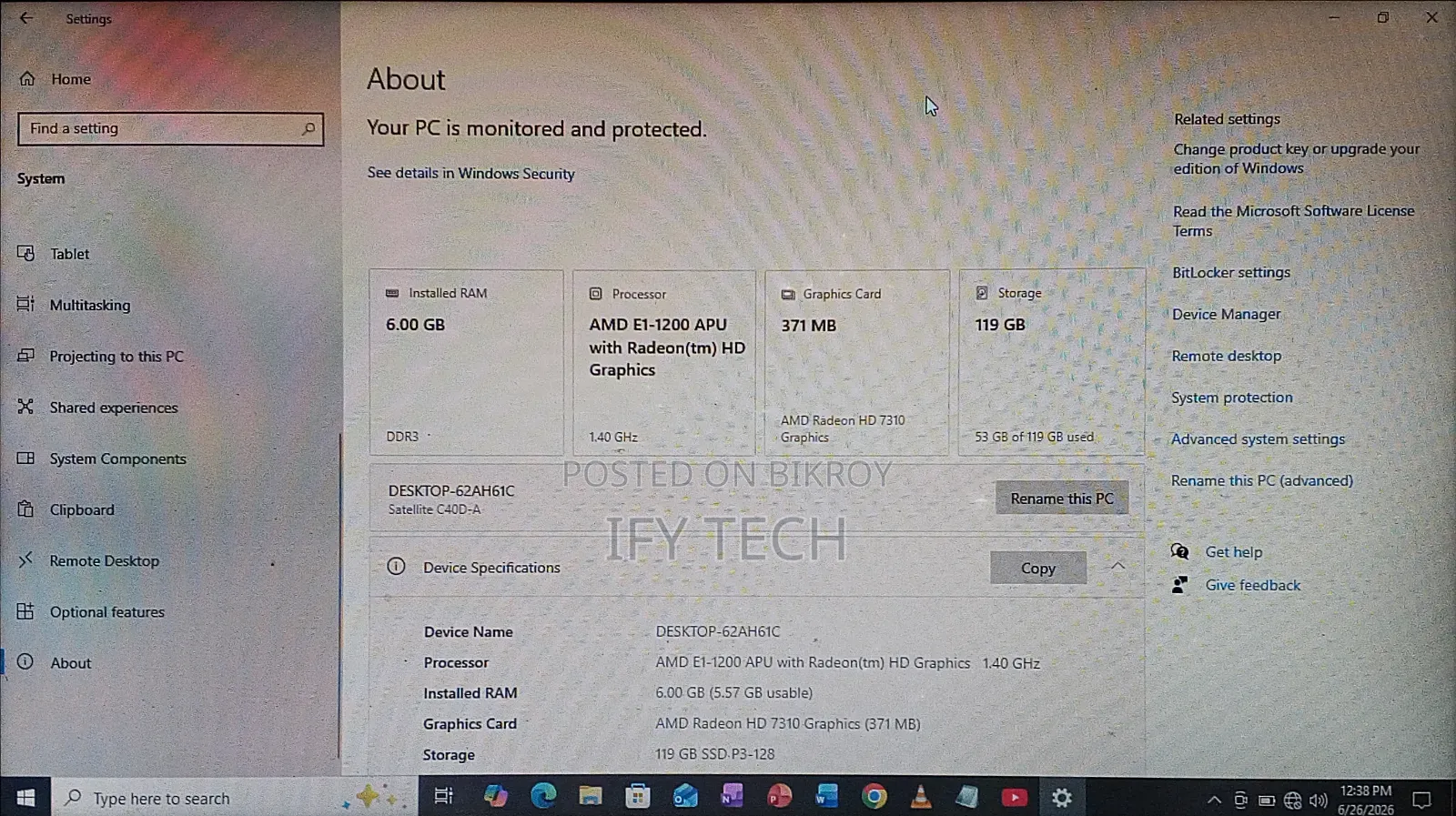 Laptop Toshiba C40 6GB RAM AMD Processor 128GB SSD