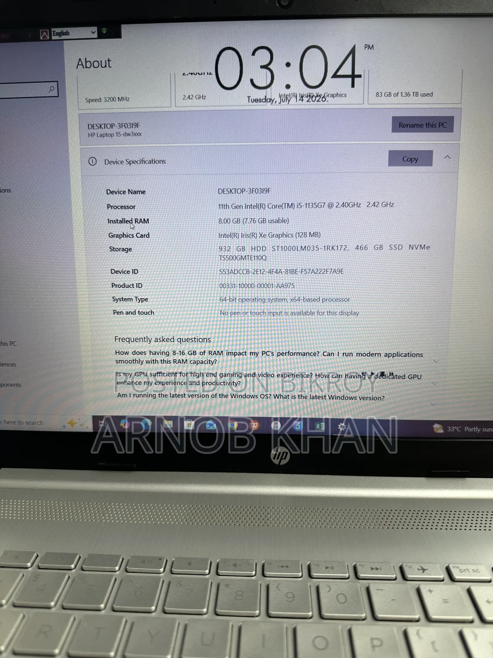 Laptop HP 14-Dq1025cl 8GB Intel Core I5 HDD 1T