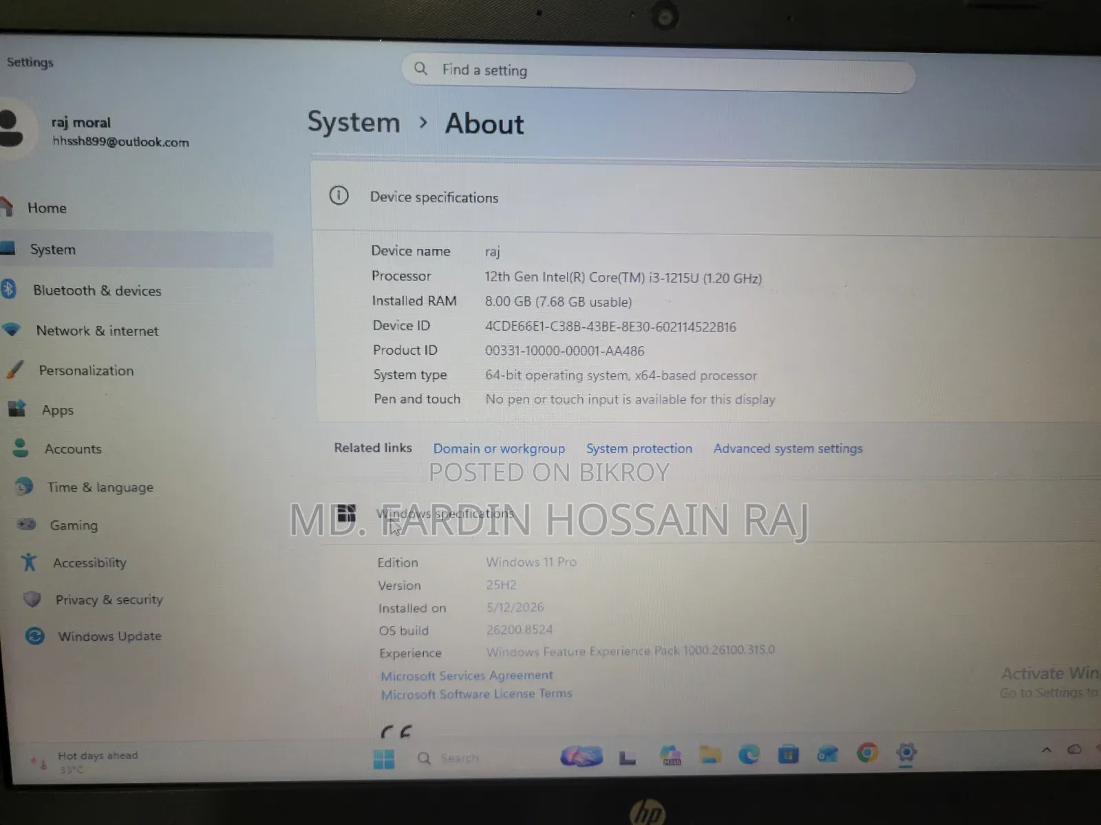 Laptop HP 250 G10 8GB Intel Core i3 SSHD (Hybrid) 512GB