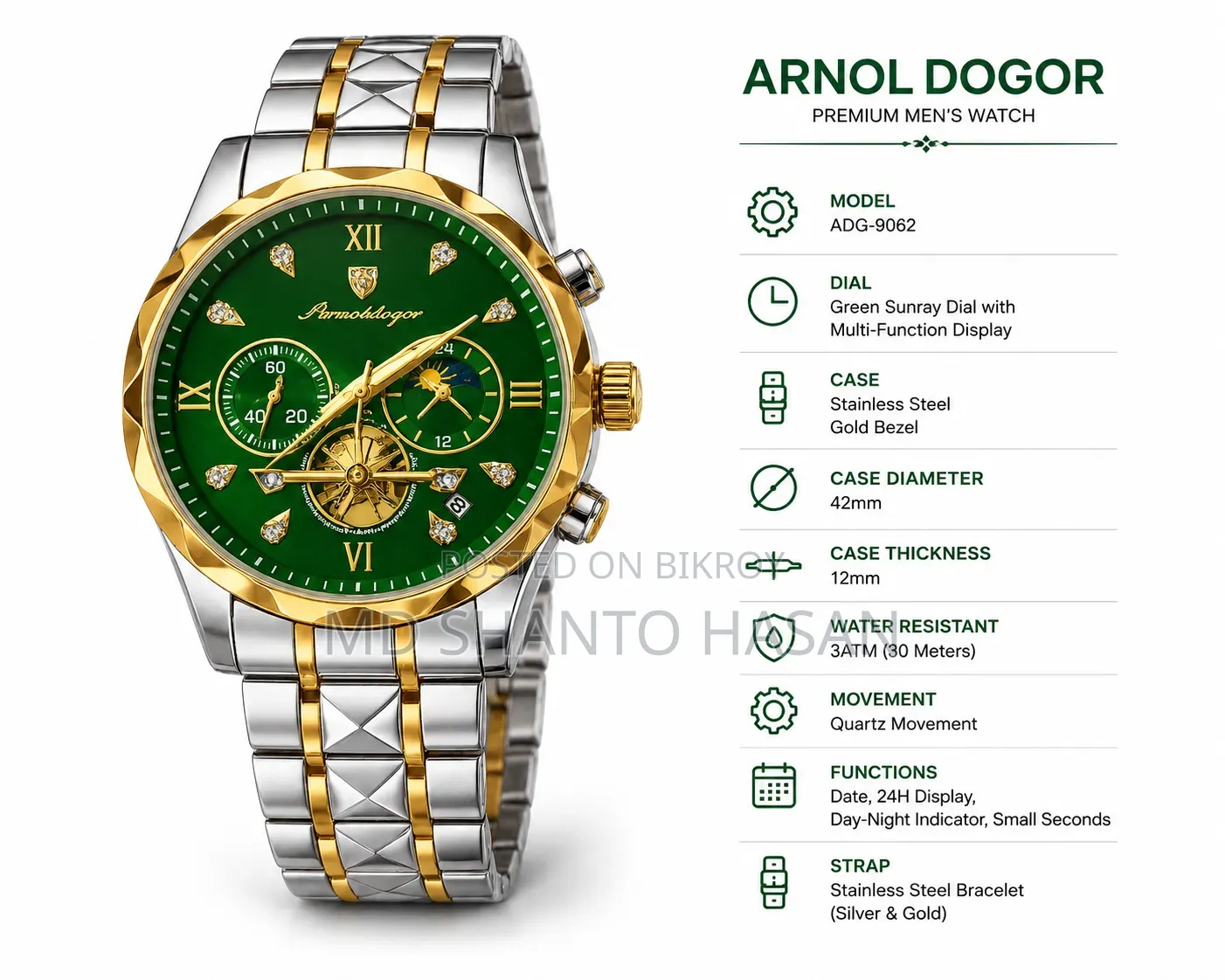 Mennblanger Royal Green Diamond Cut Watch | With Premium Box