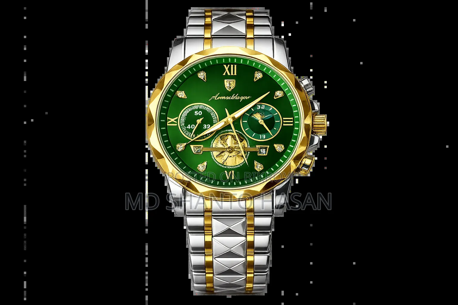 Mennblanger Royal Green Diamond Cut Watch | With Premium Box