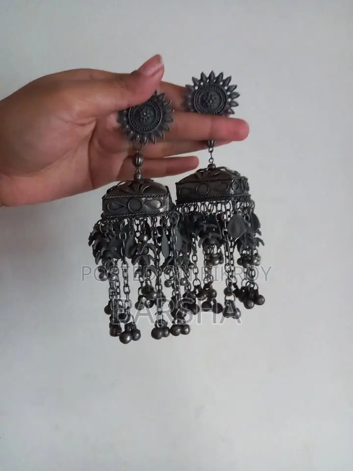 Oxidized Boho Silver Jhumka Earring (6 Inch Long)