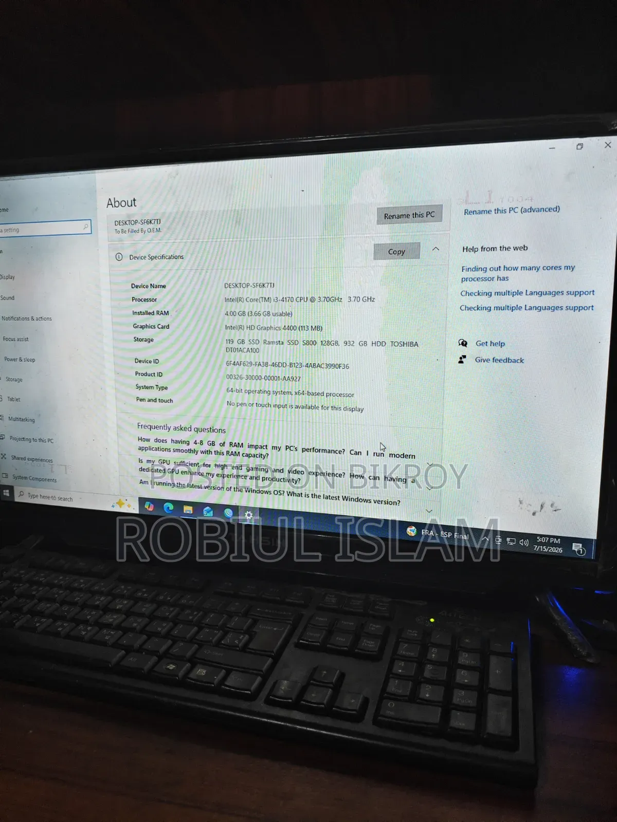 Desktop Computer 4GB Intel Core I3 SSD 128GB