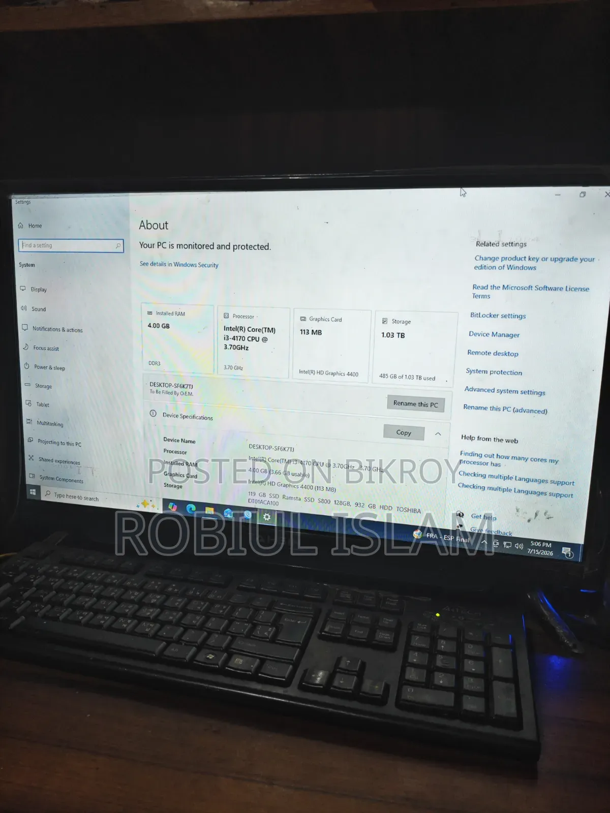 Desktop Computer 4GB Intel Core I3 SSD 128GB