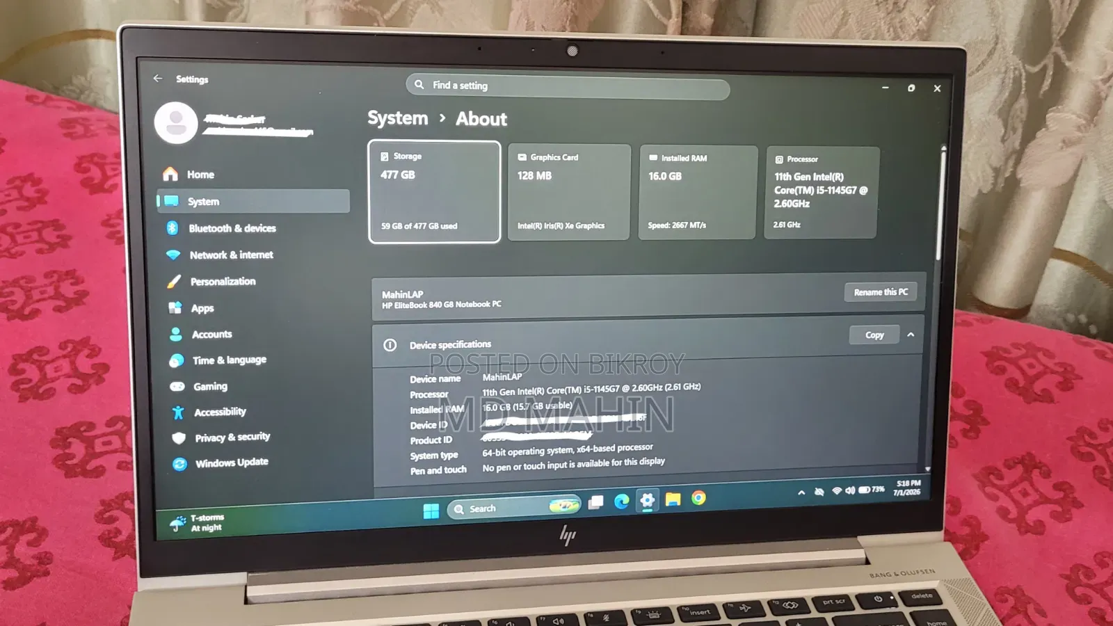 ল্যাপটপ HP EliteBook 840 G8 16GB Intel Core I5 SSD 512GB
