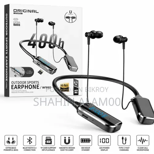 W980 Bluetooth Neckband Earphone With Extra Bass TF Card Support