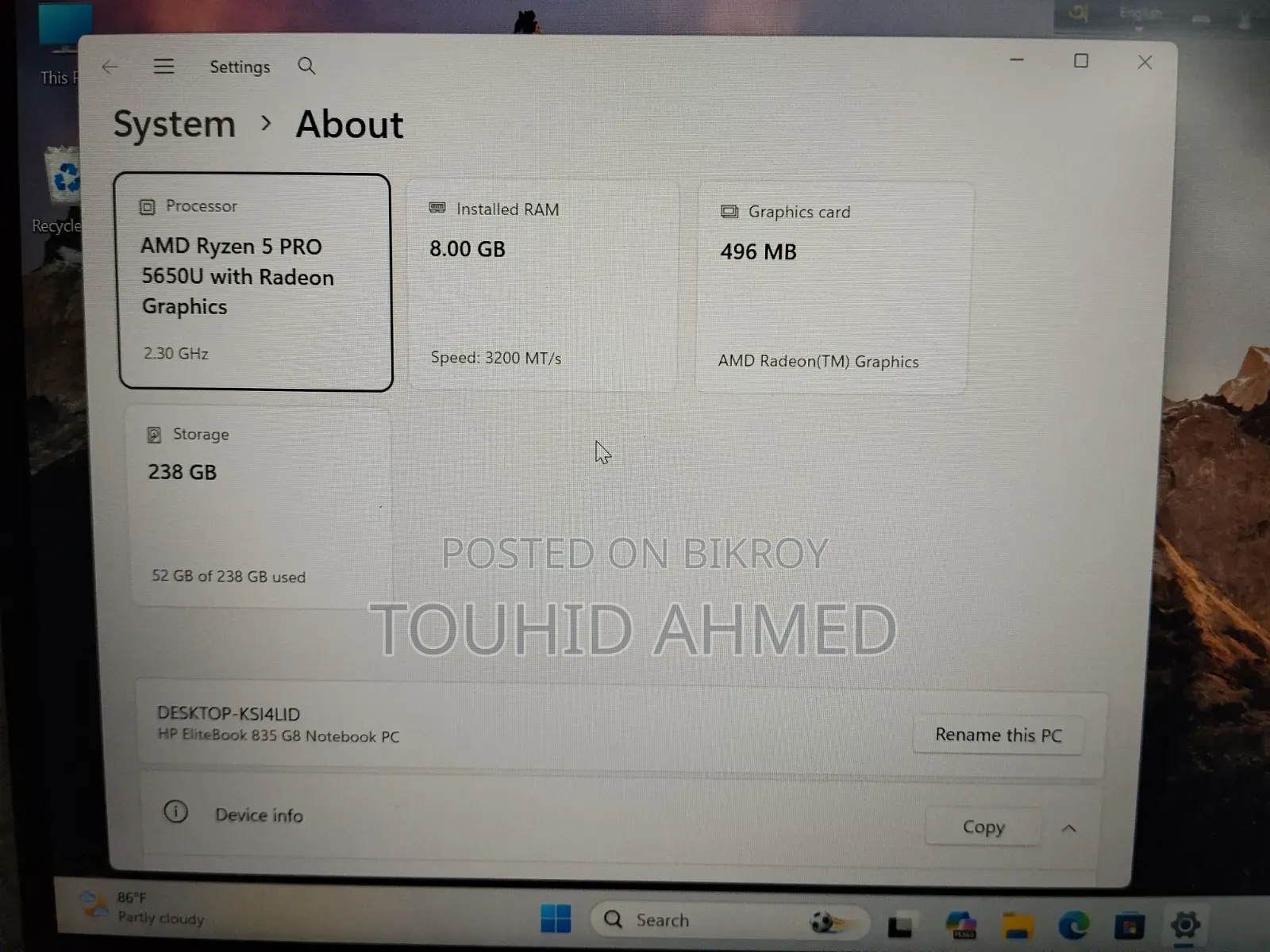 ল্যাপটপ HP Elitebook 840 G8 8gb Amd Ryzen 5 Hdd+ssd 256gb