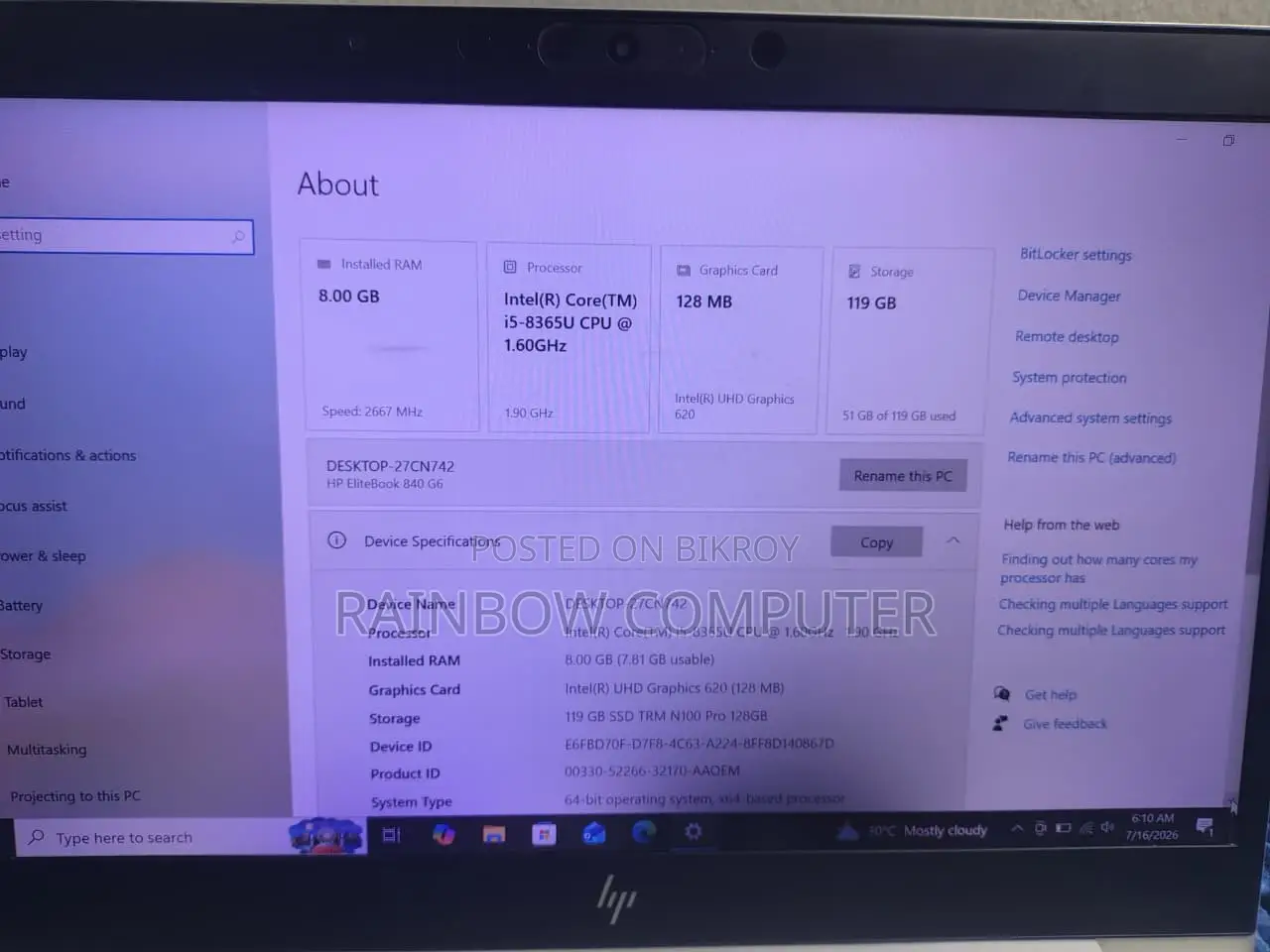 Laptop HP EliteBook 840 G6 8GB Intel Core i5 SSD 128GB