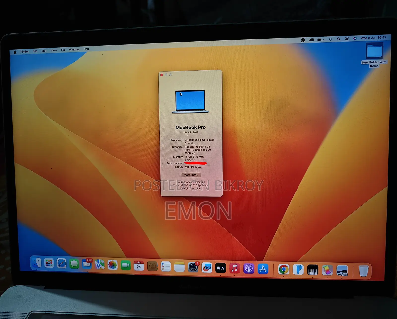 Laptop Apple MacBook Pro 2017 16GB Intel Core I7 SSD 512GB