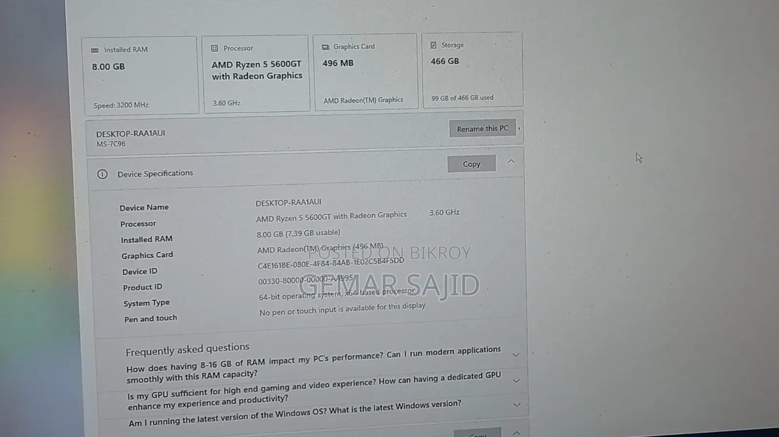 Desktop Computer MSI Aegis Ti3 8GB AMD Ryzen 5 HDD 500GB