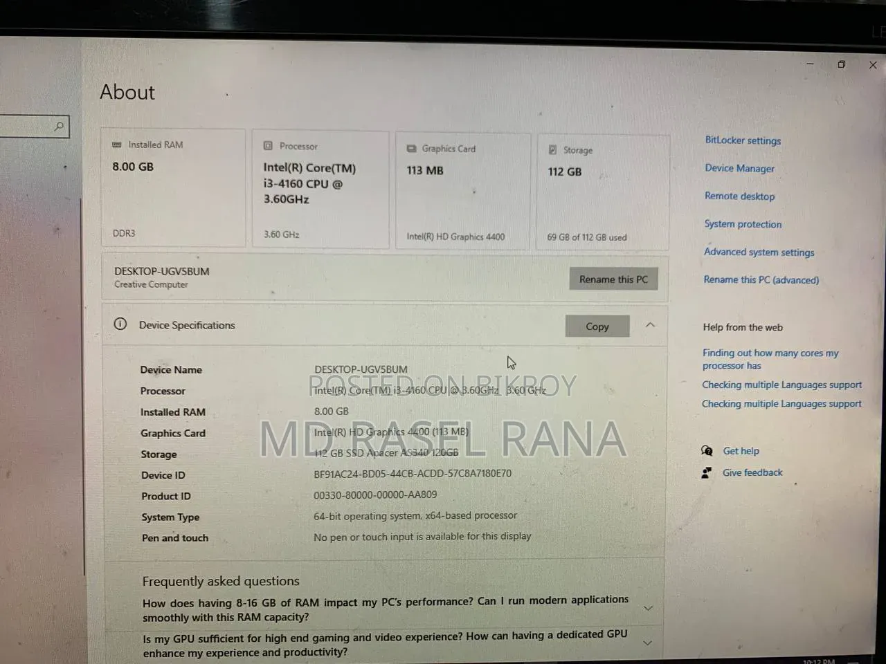 Desktop Computer 8GB Intel Core I3 SSD 128GB