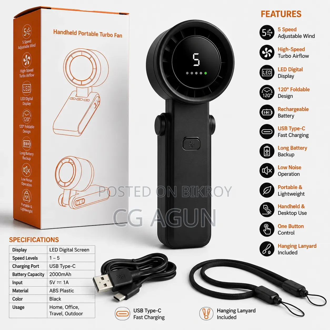 Handheld Portable Turbo Fan | 5 Speed | LED Display | Rechargeable