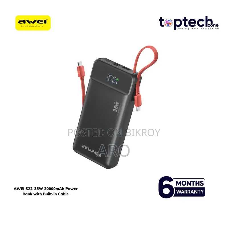 AWEI S22-35w 20000mAh পাওয়ার ব্যাংক বিল্ট-ইন ক্যাবলসহ