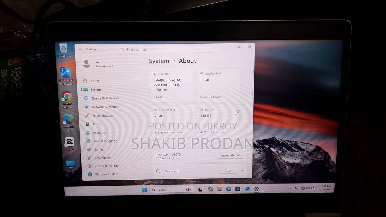 Laptop HP EliteBook 840 G5 16GB Intel Core i5 SSD 16 GB