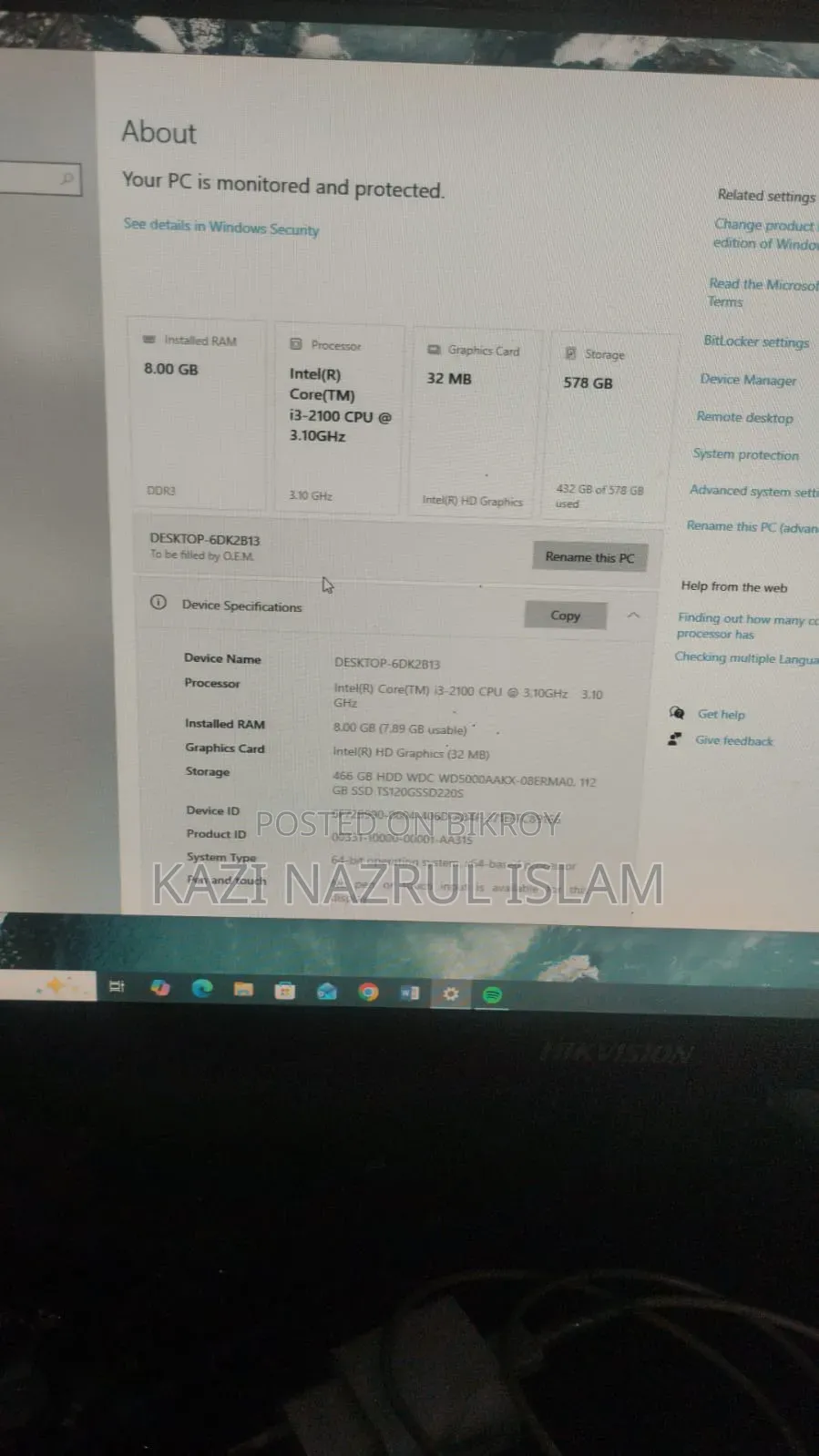 Desktop Computer Gigabyte GB-BACE-3160 8GB Intel Core I3 SSD 700GB
