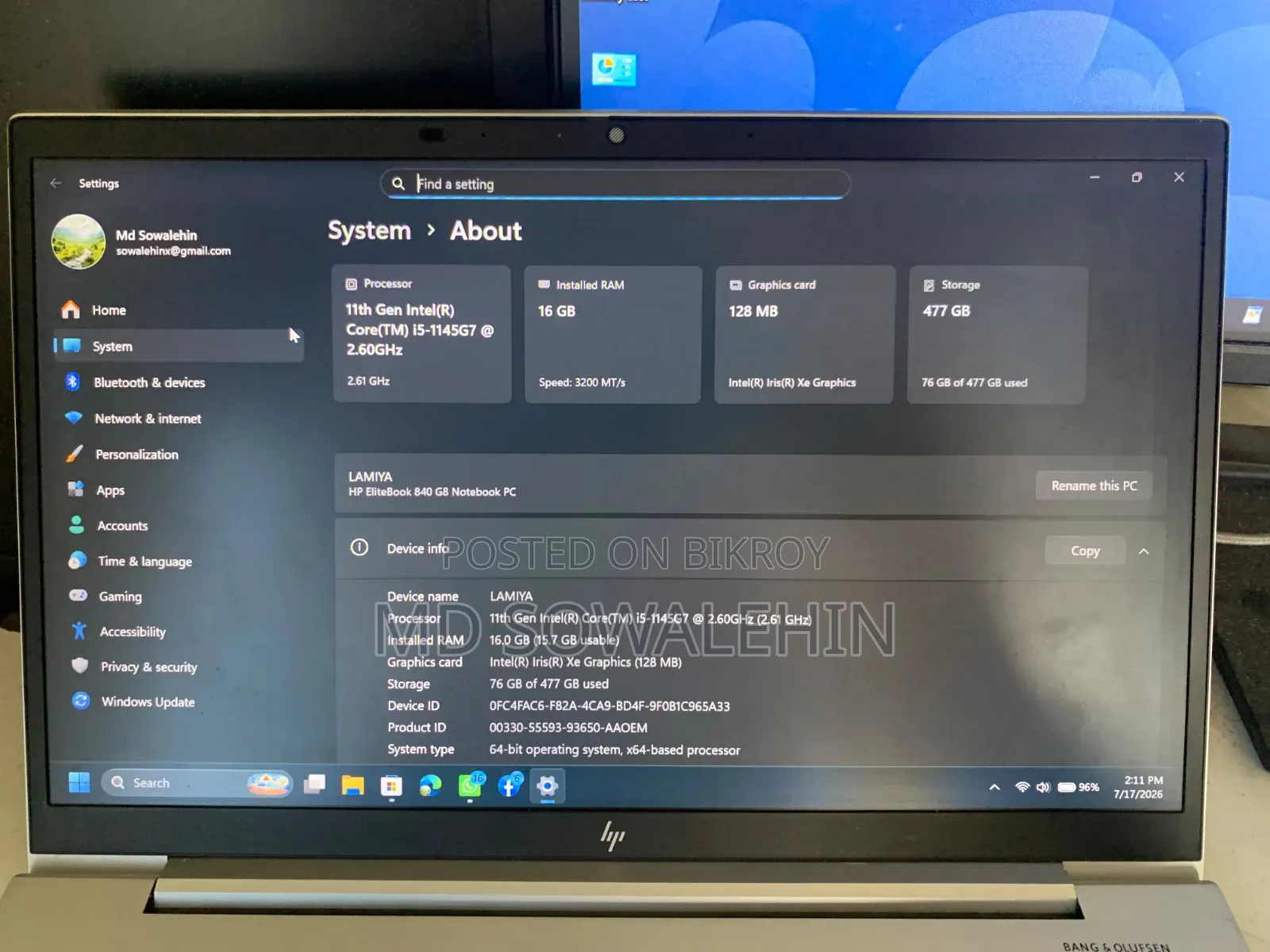 ল্যাপটপ HP EliteBook 840 G8 16GB Intel Core I5 SSD 512GB