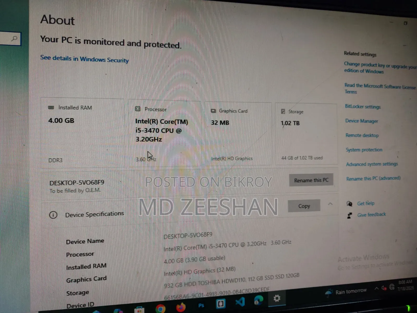 Desktop Computer Gigabyte 4GB Intel Core I5 SSD 128GB