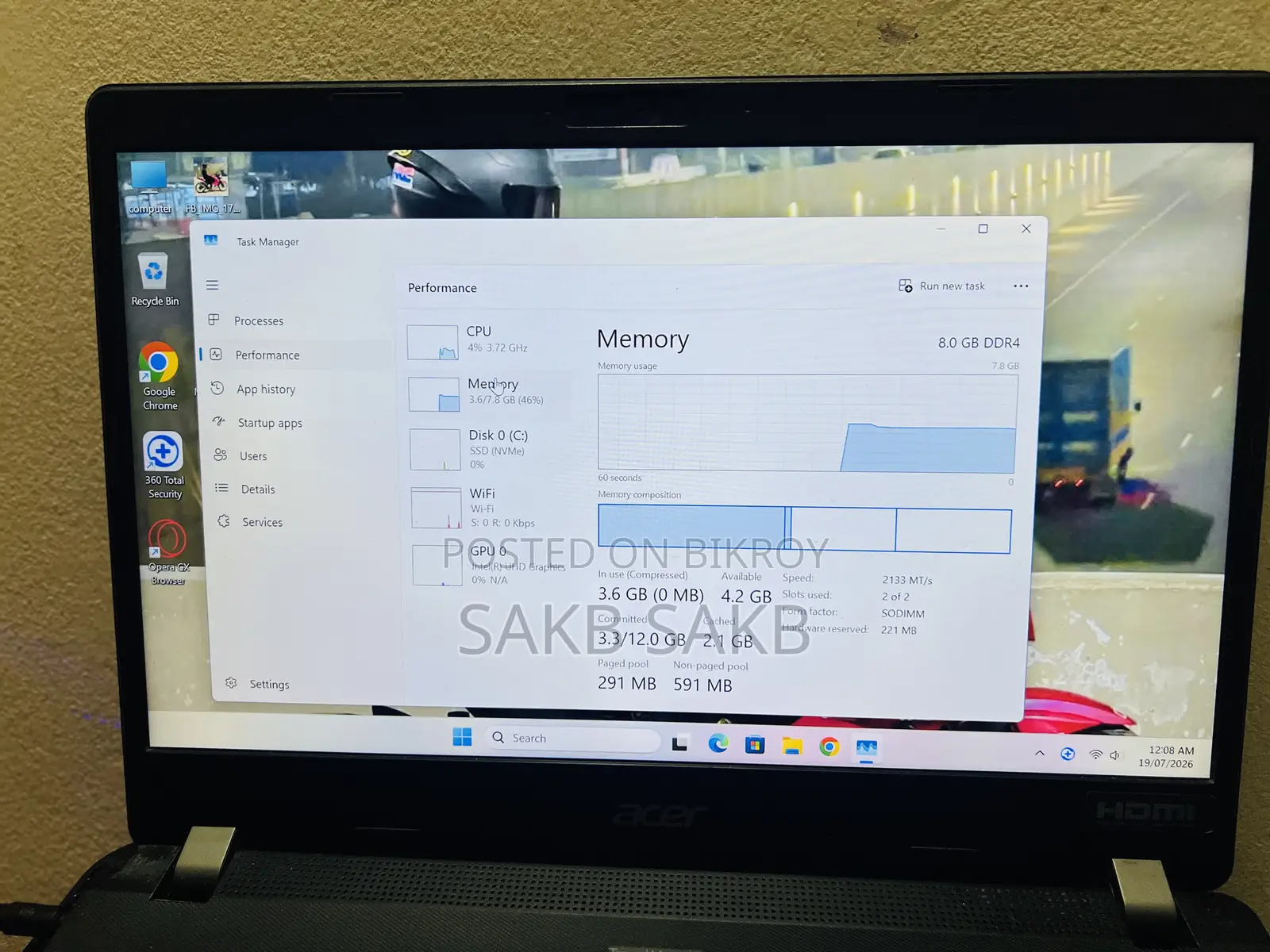 ল্যাপটপ Acer ৮জিবি ইন্টেল কোর i3 এইচডডি+এসএসডি ১২৮জিবি