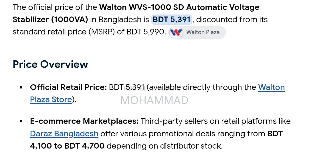 Walton Automatic Voltage Stabilizer Model:WVS-1000 SD