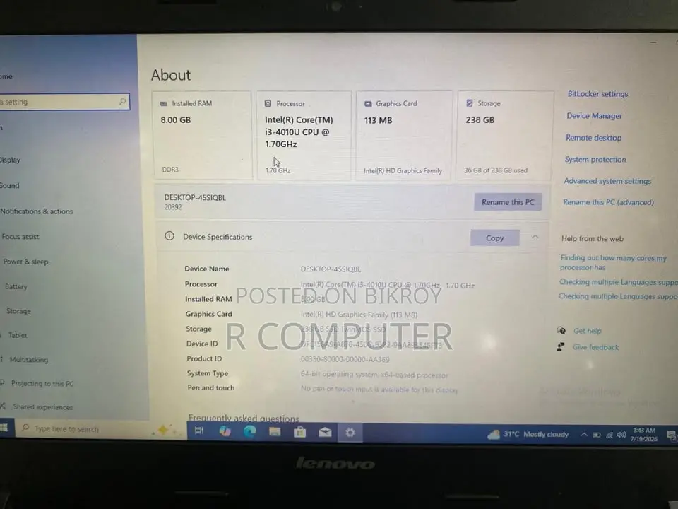 Laptop Lenovo B470 8GB Intel Core I3 SSD 128GB