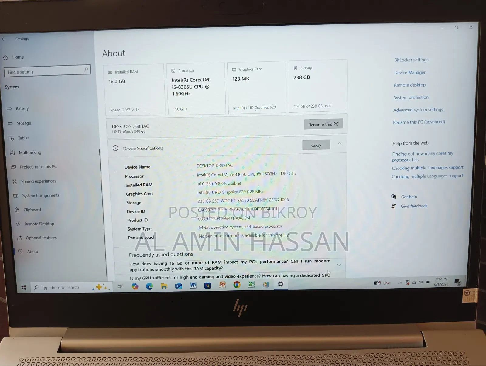 Laptop HP EliteBook 840 G6 16GB Intel Core I5 SSD 256GB
