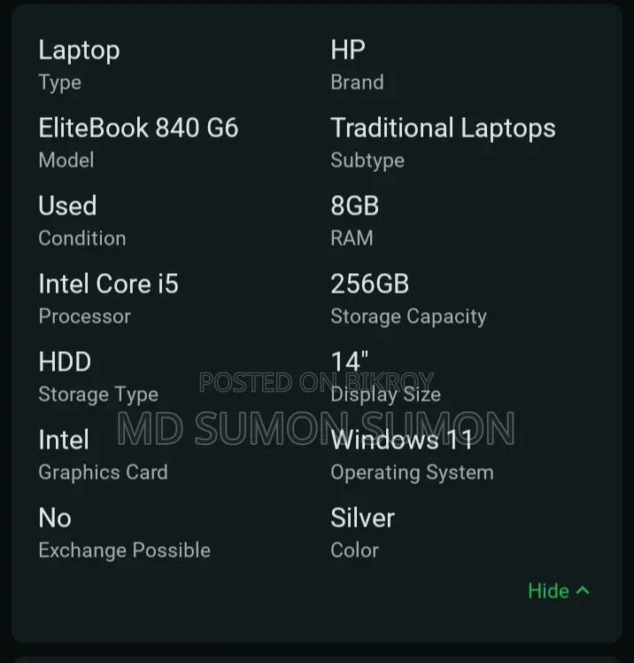 Laptop HP EliteBook 840 G6 8GB Intel Core I5 HDD+SSD 256GB