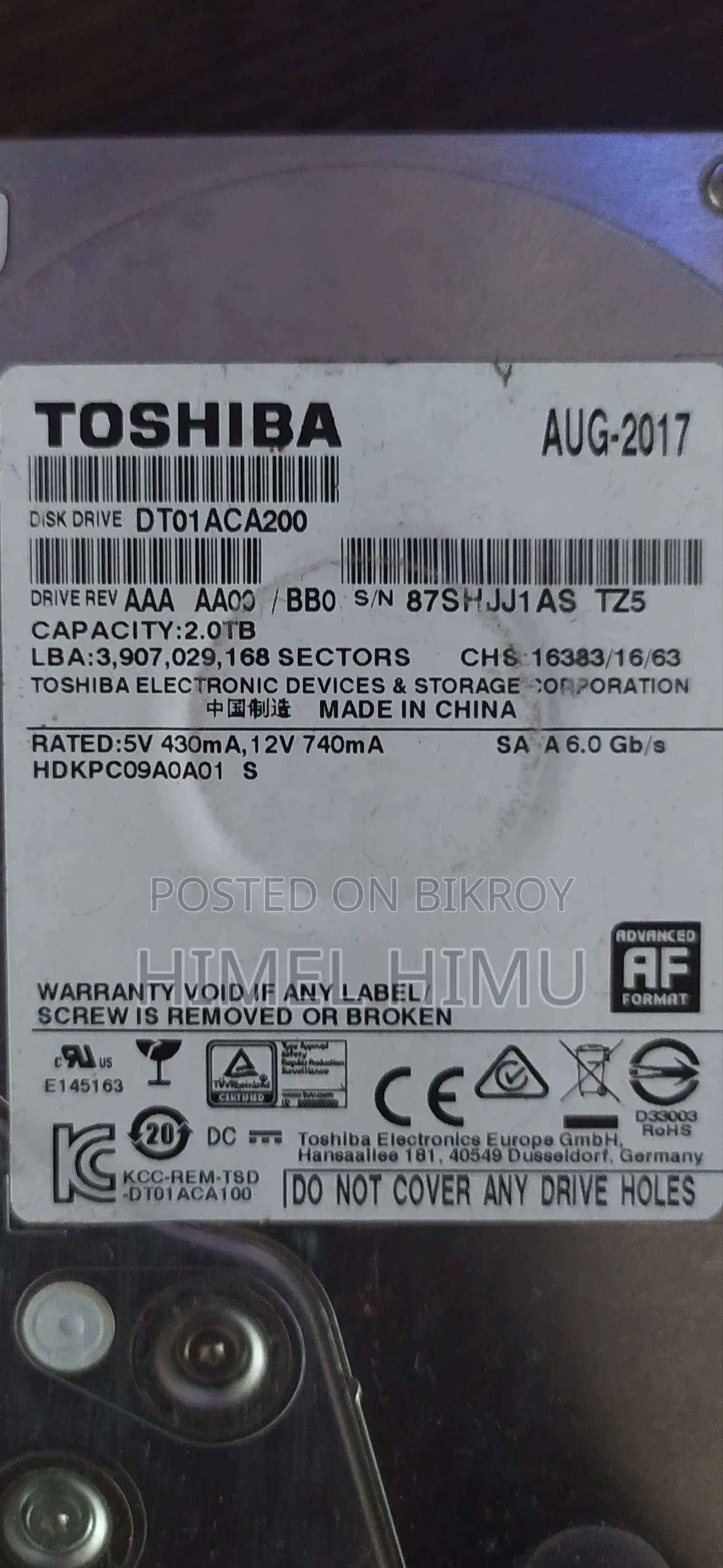 Toshiba 2 TB Hard Drive Used