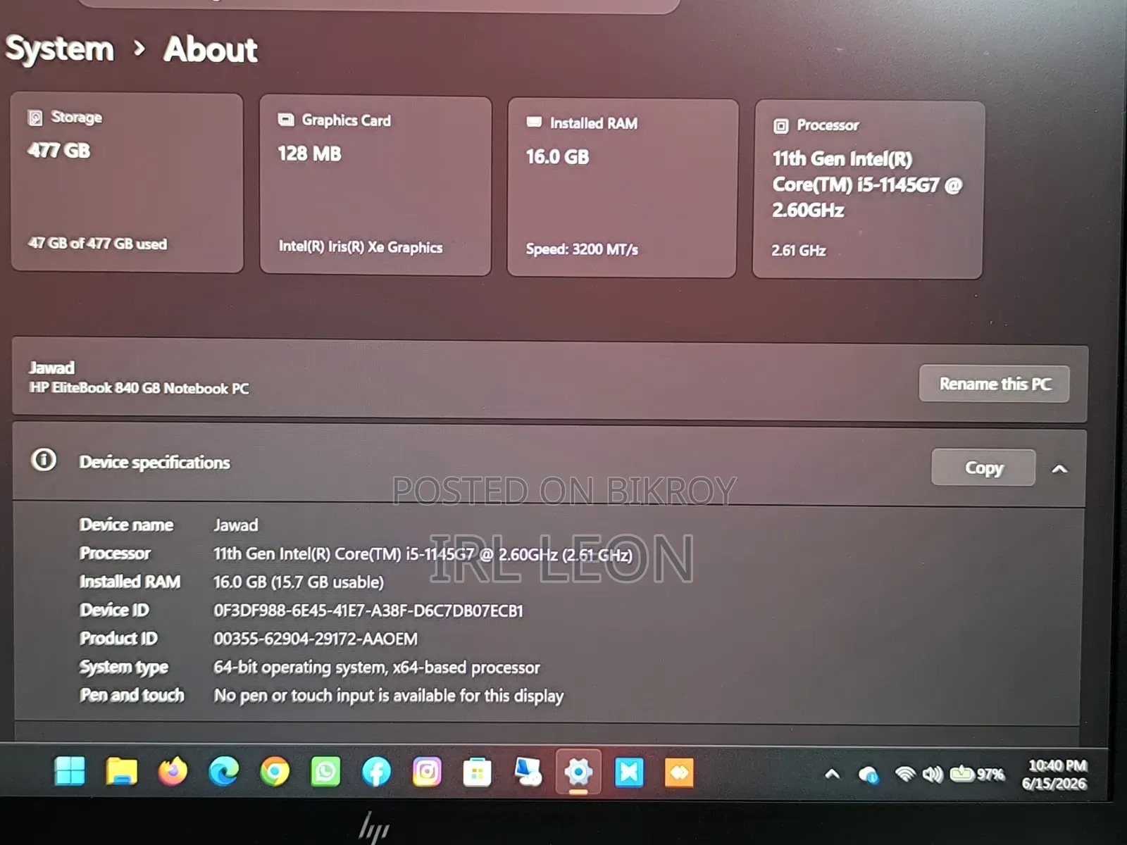 Laptop HP EliteBook 840 G8 16GB Intel Core I5 SSD 512GB