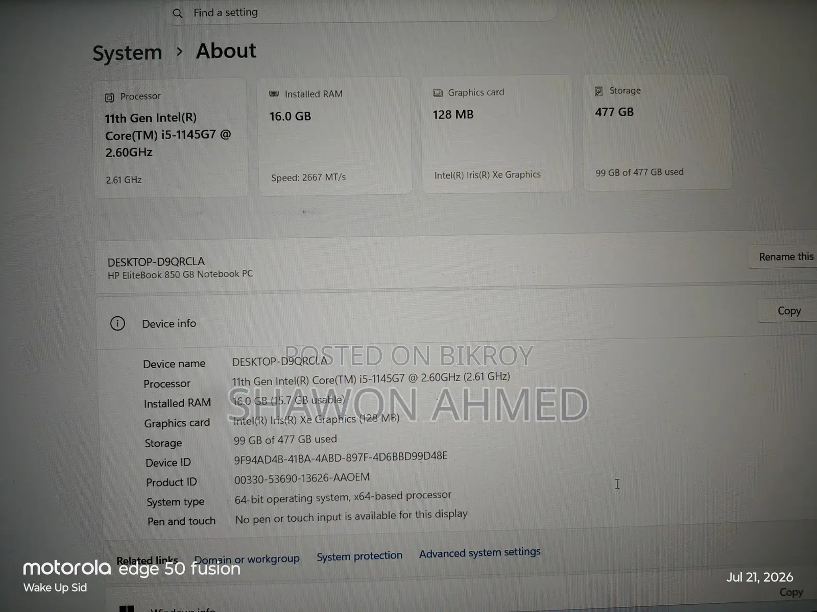 Laptop HP EliteBook 850 G8 16GB Intel Core I5 SSD 500GB