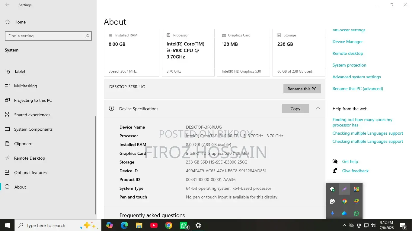 New Desktop Computer 8GB Intel Core I3 SSD 256GB