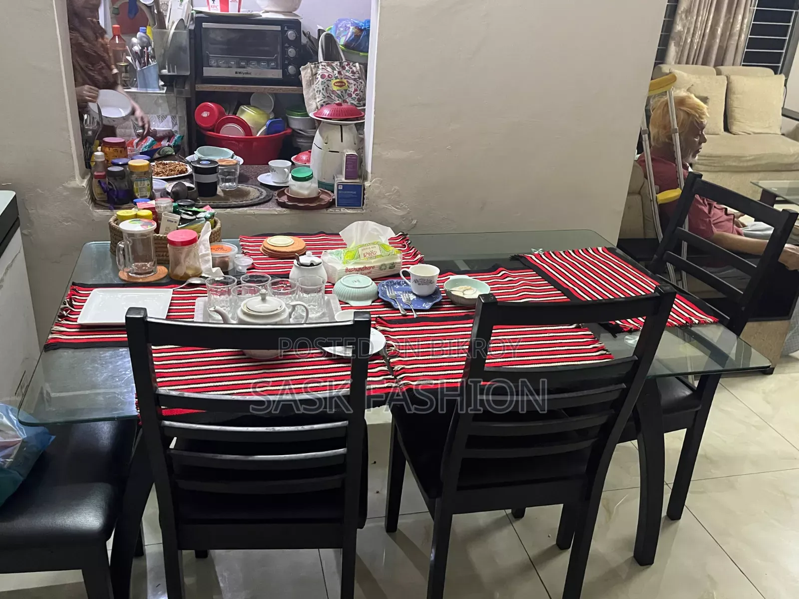 Glass Top Wooden Dining Table with Six Chairs