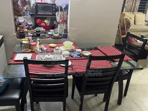 Glass Top Wooden Dining Table with Six Chairs