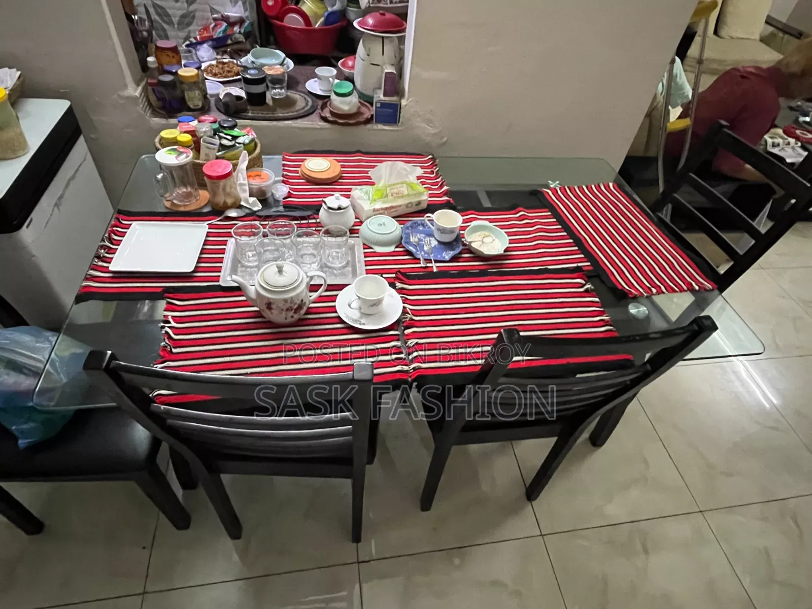 Glass Top Wooden Dining Table with Six Chairs