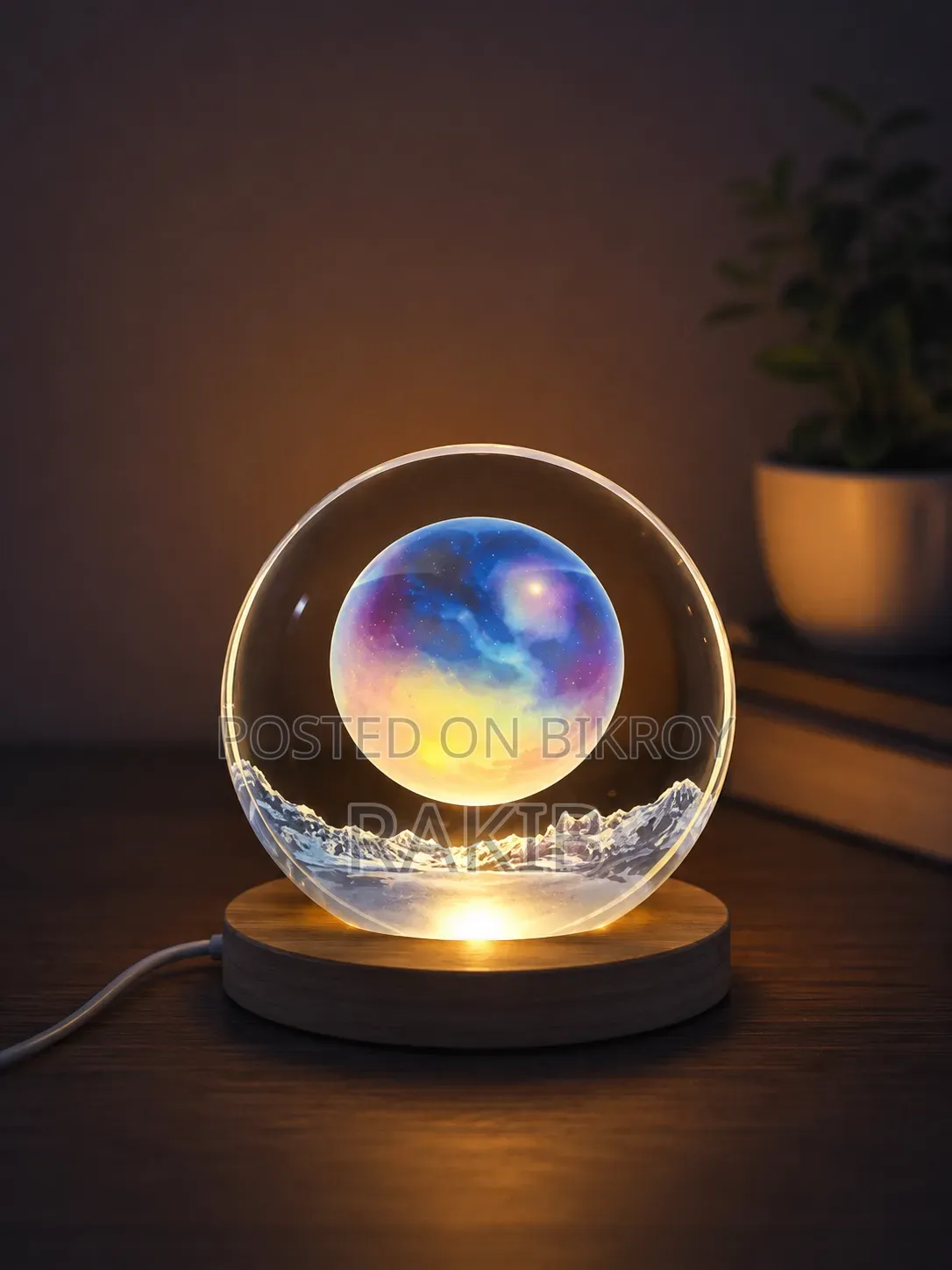 3D Crystal Moon LED Night Lamp With Wooden Base (USB Powered)