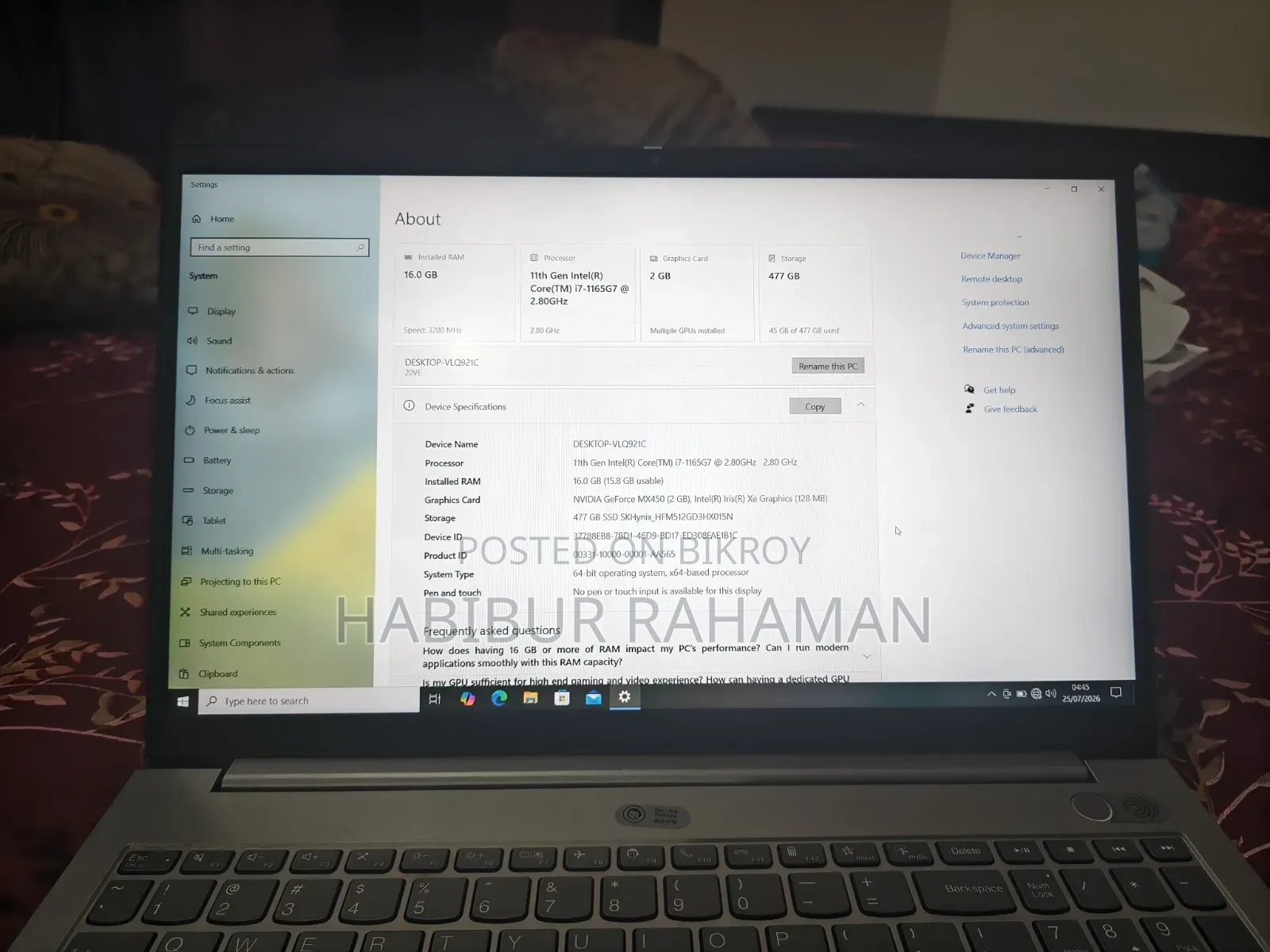 ল্যাপটপ লেনোভো থিংক বুক ১৫ ১৬জিবি ইন্টেল কোর ৭ এসএসডি ৫১২জিবি