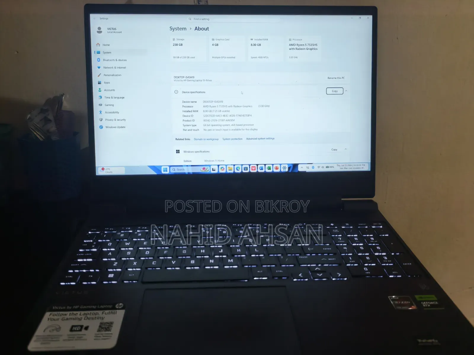 HP Victus 15 8GB Intel Core i7 256GB SSD Laptop