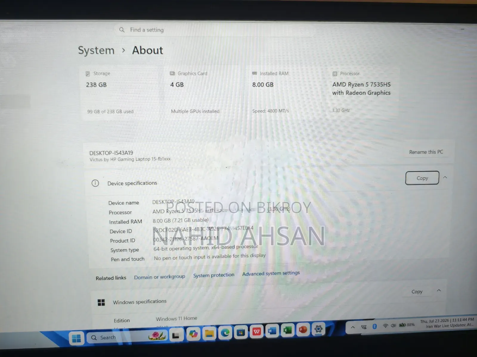 HP Victus 15 8GB Intel Core i7 256GB SSD Laptop